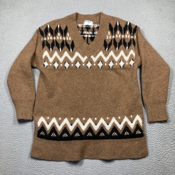 Old Navy Sweater Women's Small Brown Aztec Fair Isle V Neck Long Heavyweight - Picture 1 of 10